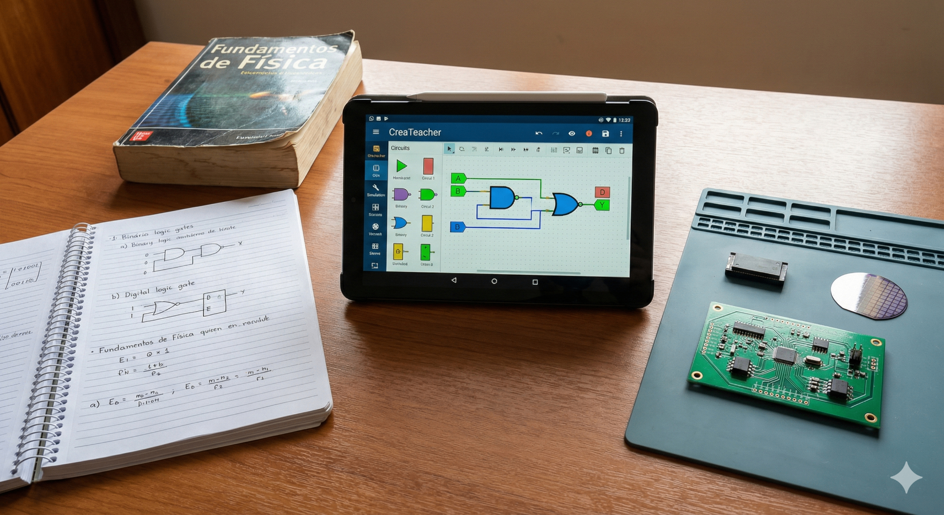 Diagrama de lógica digital en tablet con cuaderno de apuntes y PCB